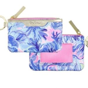 Lilly Pulitzer ID Case in Shade Seekers Coin Wallet Keyring Pink Blue Zipper NW